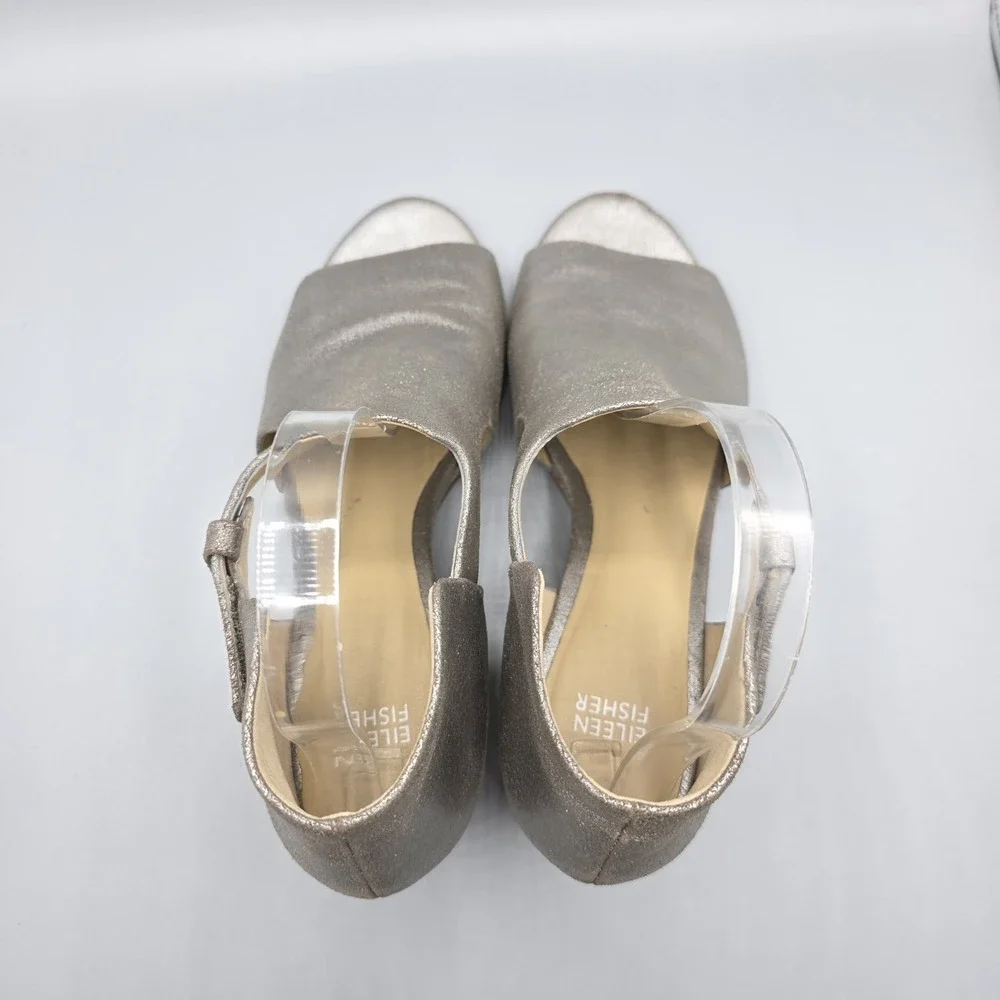 Eileen Fisher Iris Sandals Womens 9.5 Pewter Leather Block Heel Adjustable Strap